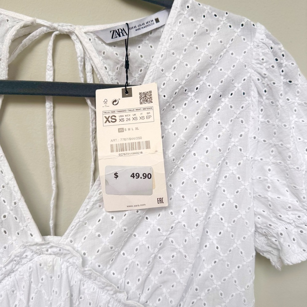 Zara White Eyelet Dress with Tie Back - Picture 3 of 8